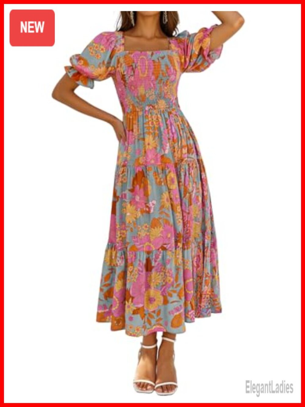 Womens Boho Floral Ruffle Maxi Dress Square Neck Puff Sleeve A Line Summer
